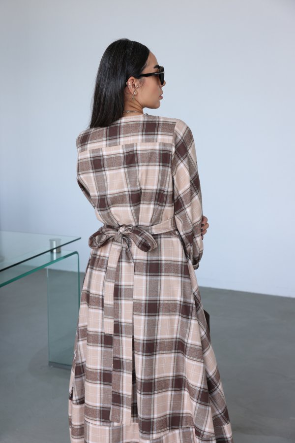 Hakim Yaka Balon Kol Ekoseli Uzun Elbise