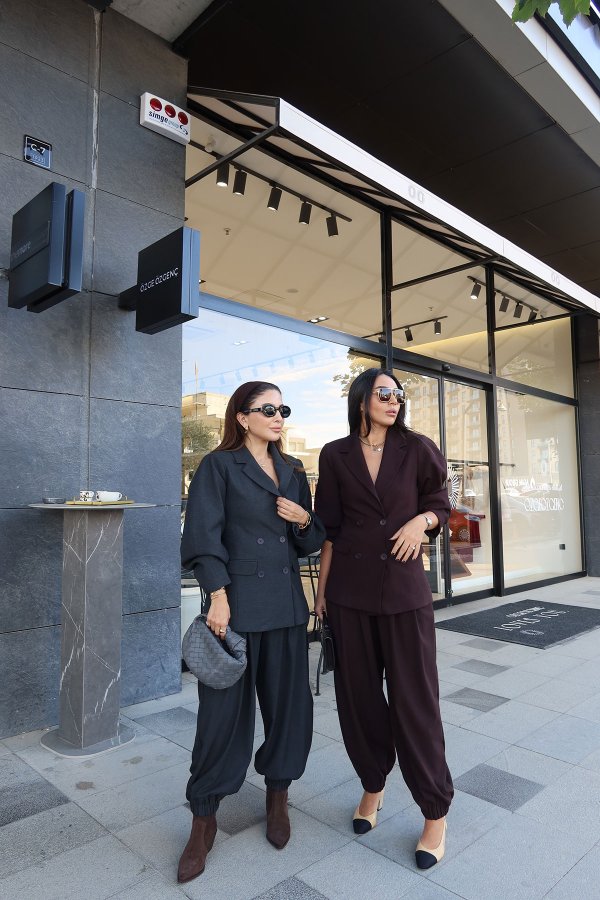 Kruvaze Yaka Çift Cepli Ceket Pantolon Takım