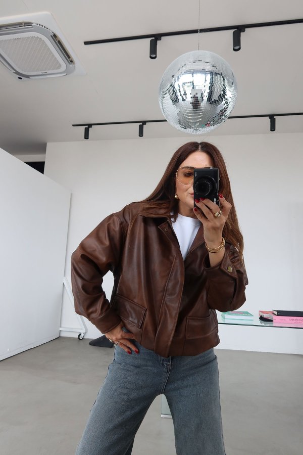 Gizli Fermuarlı Gömlek Yaka Vintage Deri Ceket