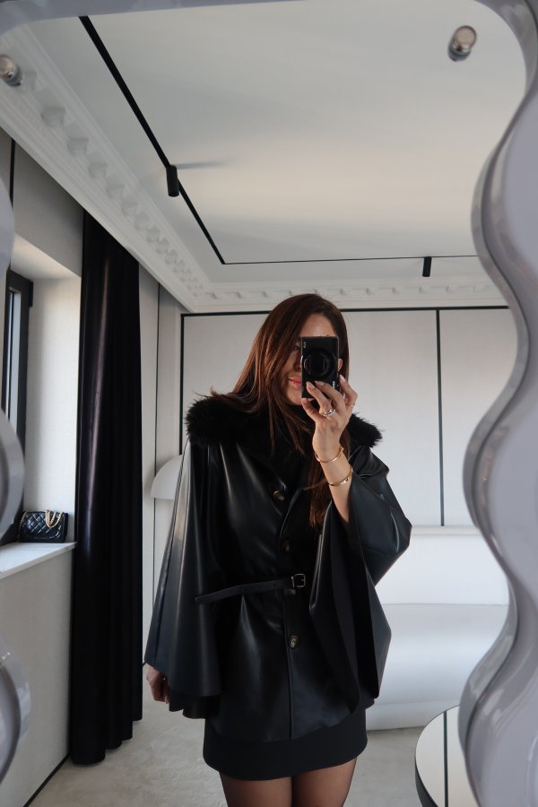 Yakası Kürklü Deri Panço