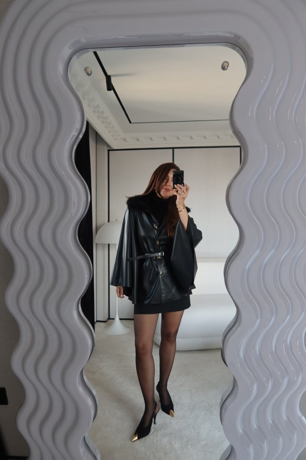 Yakası Kürklü Deri Panço