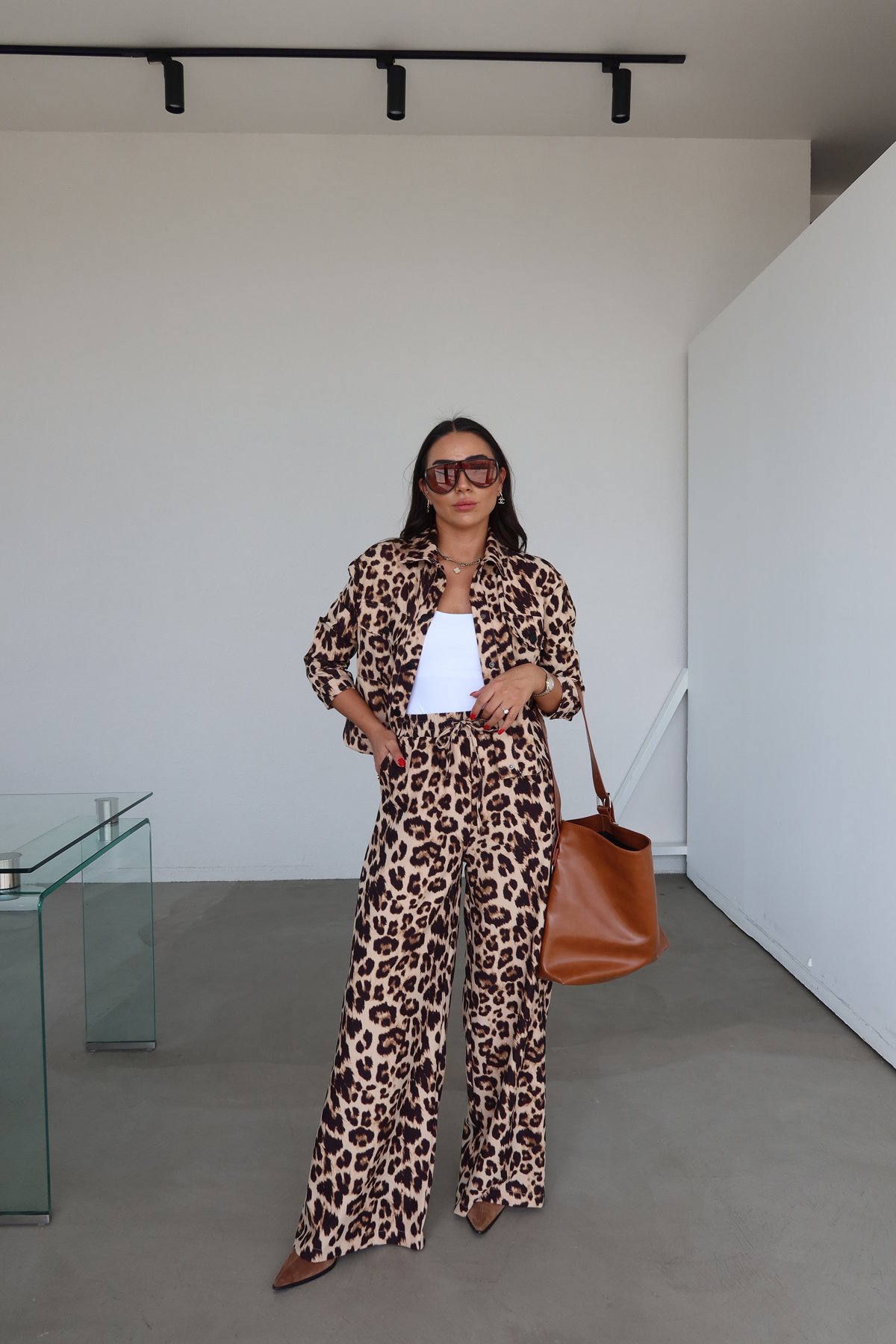 Leopar Desen Çıtçıtlı Ceket Pantolon Takım