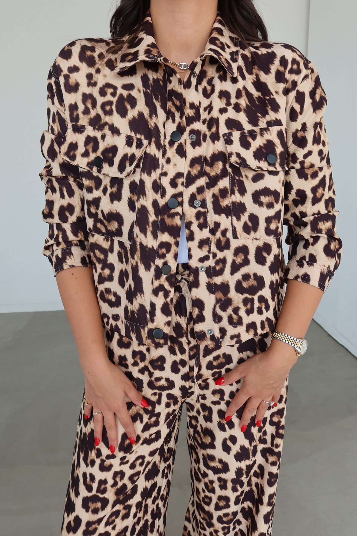 Leopar Desen Çıtçıtlı Ceket Pantolon Takım