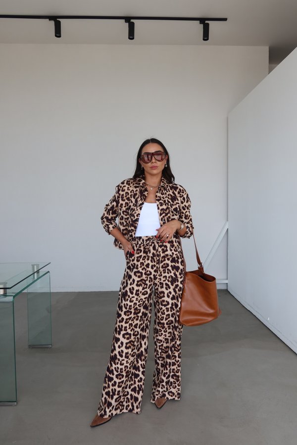 Leopar Desen Çıtçıtlı Ceket Pantolon Takım
