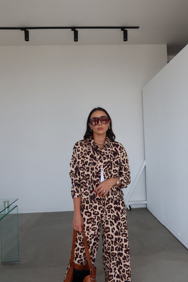 Leopar Desen Çıtçıtlı Ceket Pantolon Takım