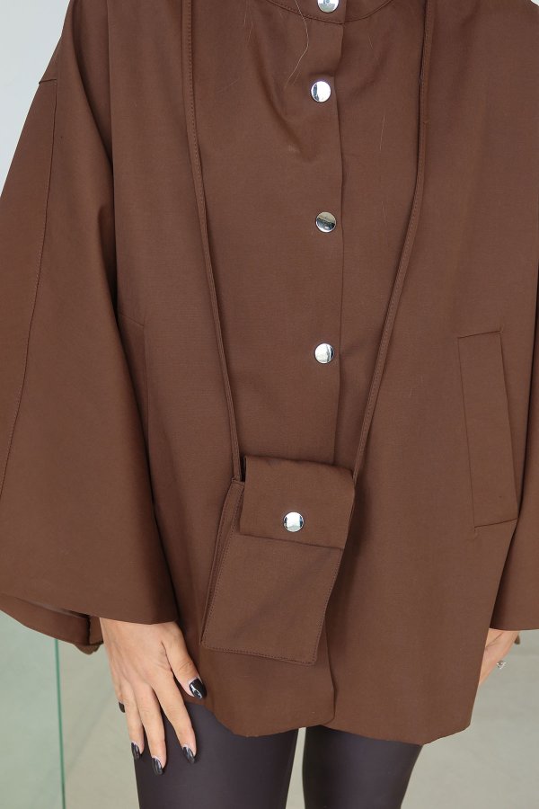 Kapşonlu Mini Çanta Aksesuarlı Panço