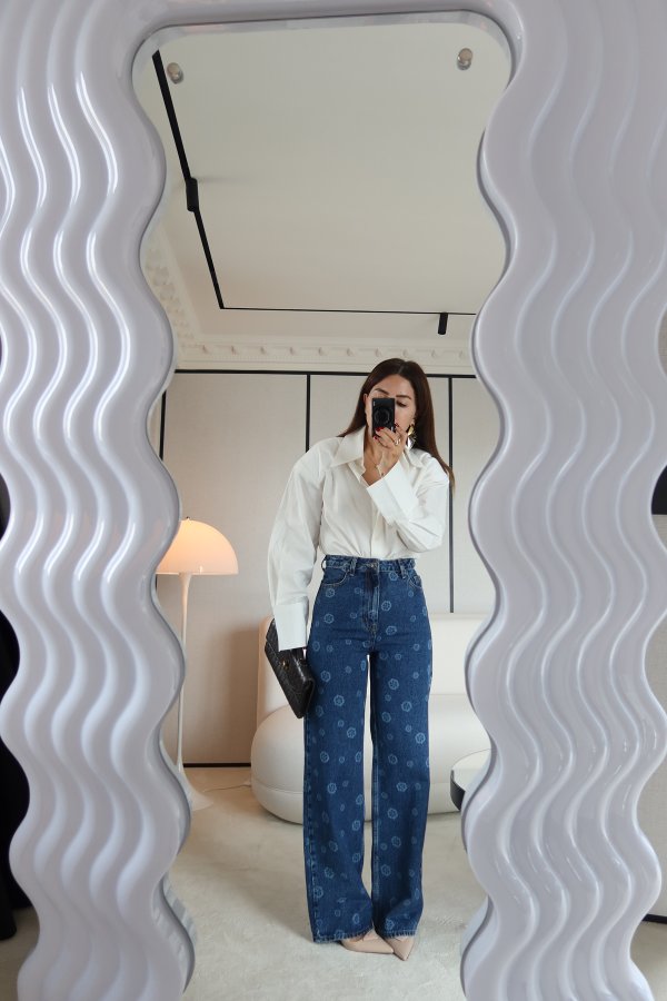 Üzeri İşlemeli Wideleg Jean