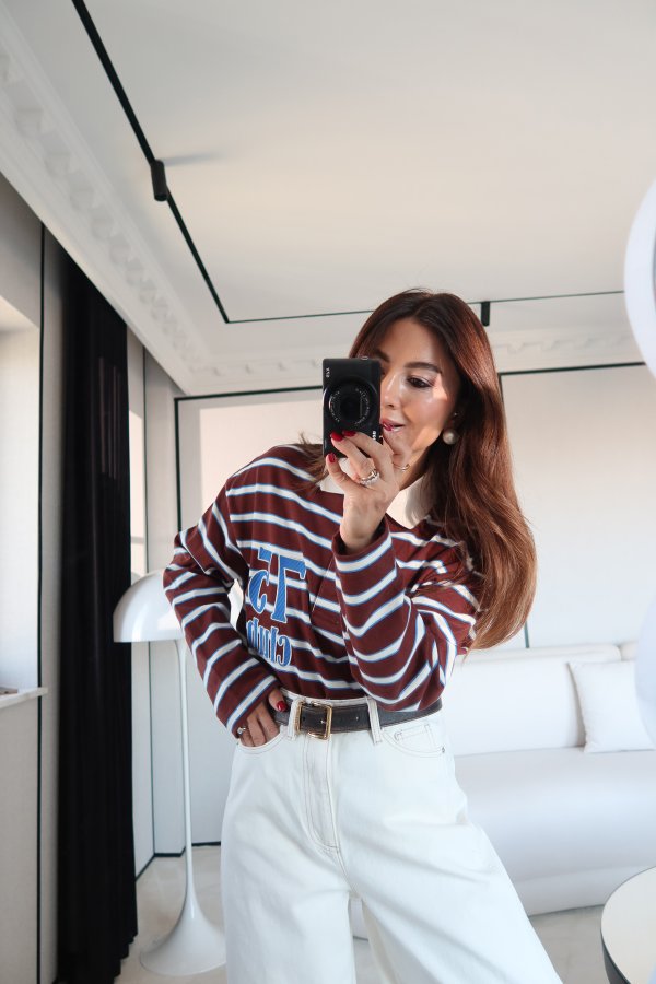 Kabartma Rakam ve Yazı Baskılı Çizgili Sweat