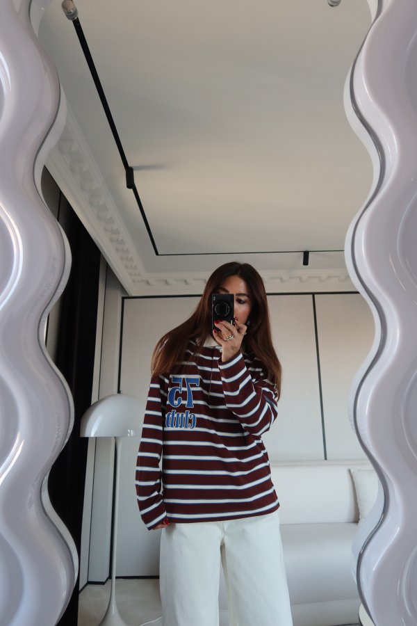 Kabartma Rakam ve Yazı Baskılı Çizgili Sweat