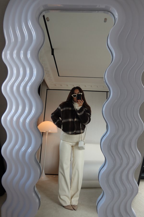 Ekoseli Beli Lastikli Kaşe Ceket