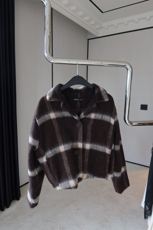 Ekoseli Beli Lastikli Kaşe Ceket