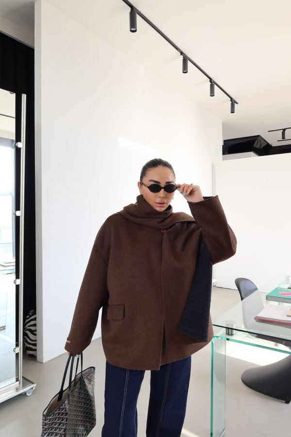 %100 Yün Kendinden Şallı Ve Kuşaklı Premium Kaşe Ceket