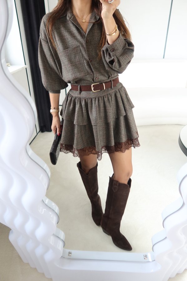 Kat Kat Altı Dantelli Pötikareli Mini Etek