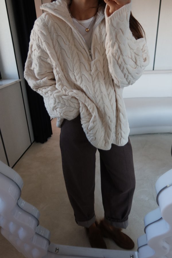 Yakası Fermuarlı Saç Örgü Kazak