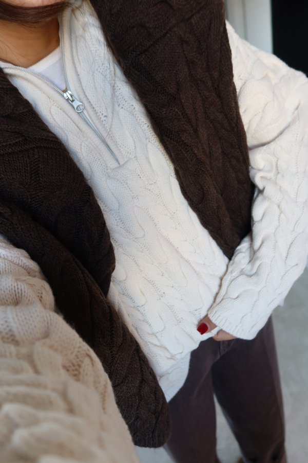 Yakası Fermuarlı Saç Örgü Kazak