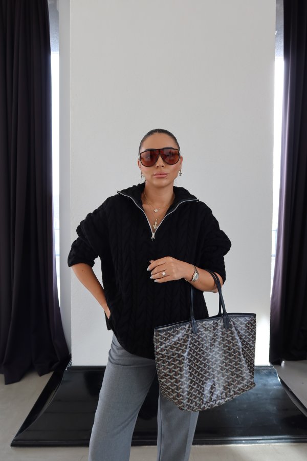 Yakası Fermuarlı Saç Örgü Kazak