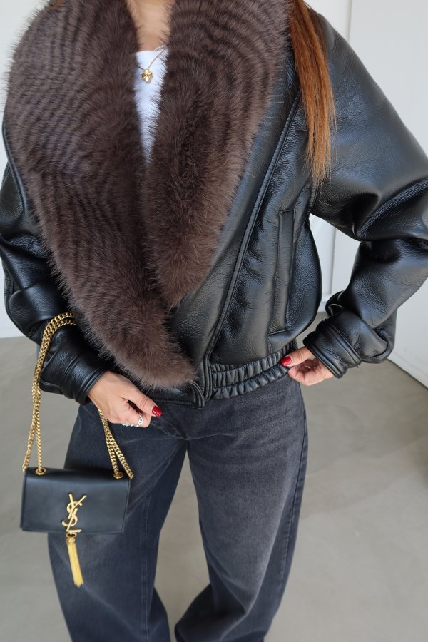Yakası Kürklü Vintage Deri Ceket