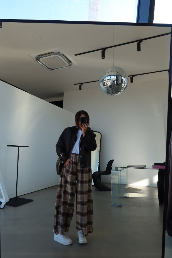 Ekoseli Geniş Kalıp Pantolon