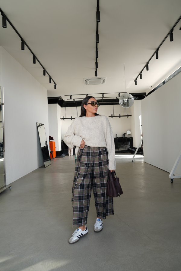 Ekoseli Geniş Kalıp Pantolon