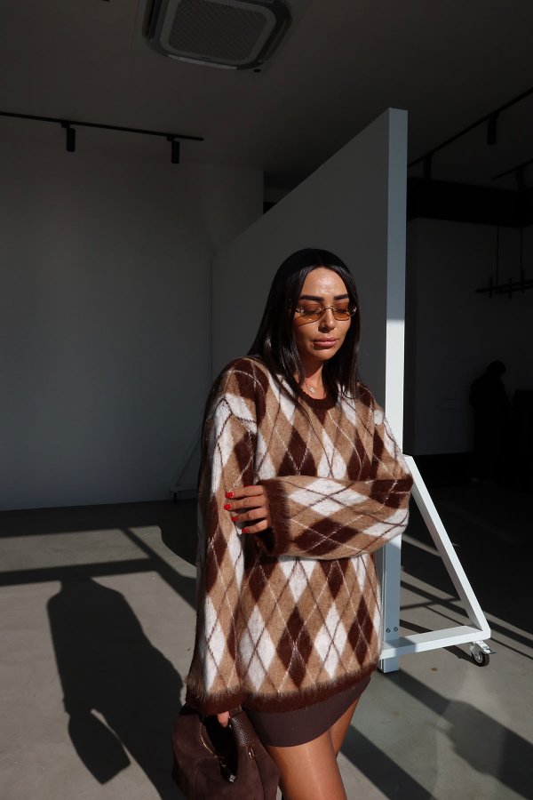 Bisiklet Yaka Baklava Desen Oversize Kazak