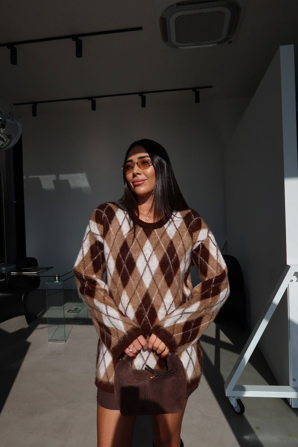 Bisiklet Yaka Baklava Desen Oversize Kazak