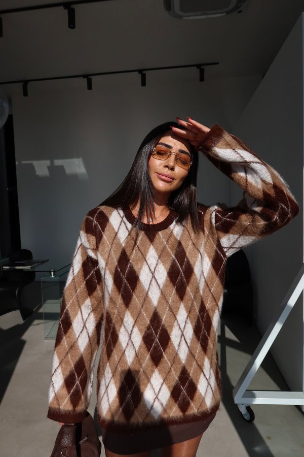 Bisiklet Yaka Baklava Desen Oversize Kazak