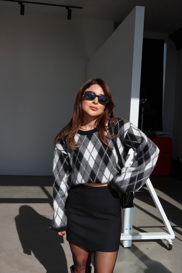 Bisiklet Yaka Baklava Desen Oversize Kazak