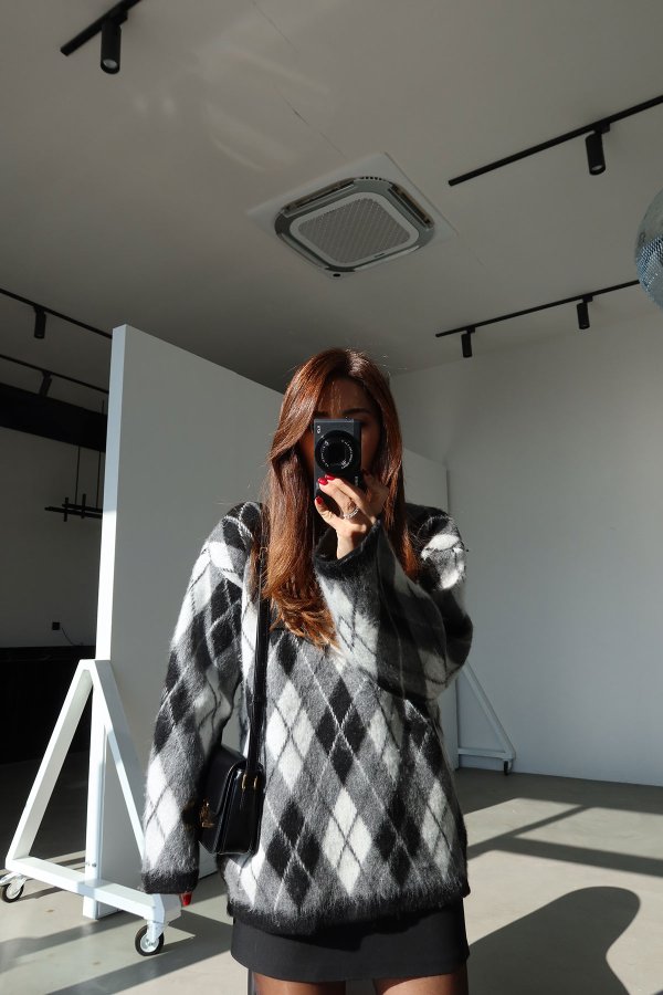 Bisiklet Yaka Baklava Desen Oversize Kazak