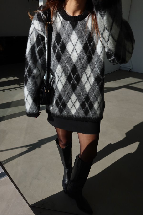 Bisiklet Yaka Baklava Desen Oversize Kazak