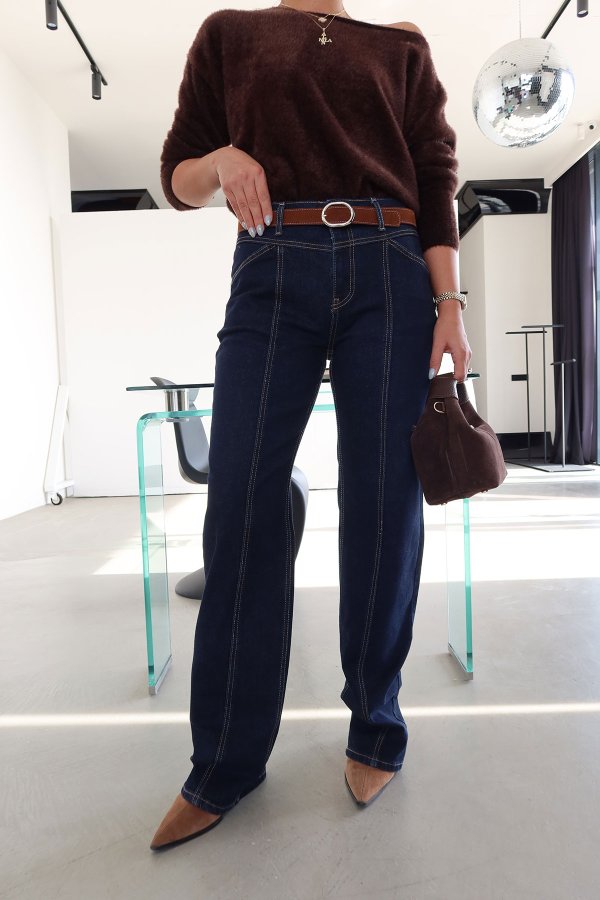 Önü Parça Dikişli Kemerli Jean