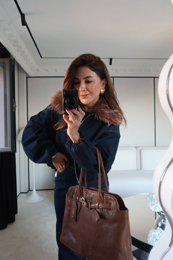 Yakası Kürklü Denim Ceket Pantolon Takım