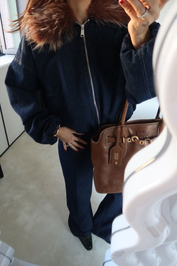 Yakası Kürklü Denim Ceket Pantolon Takım