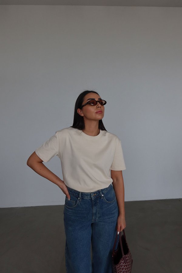 Yakası Fitilli Tok Doku Basic Tshirt