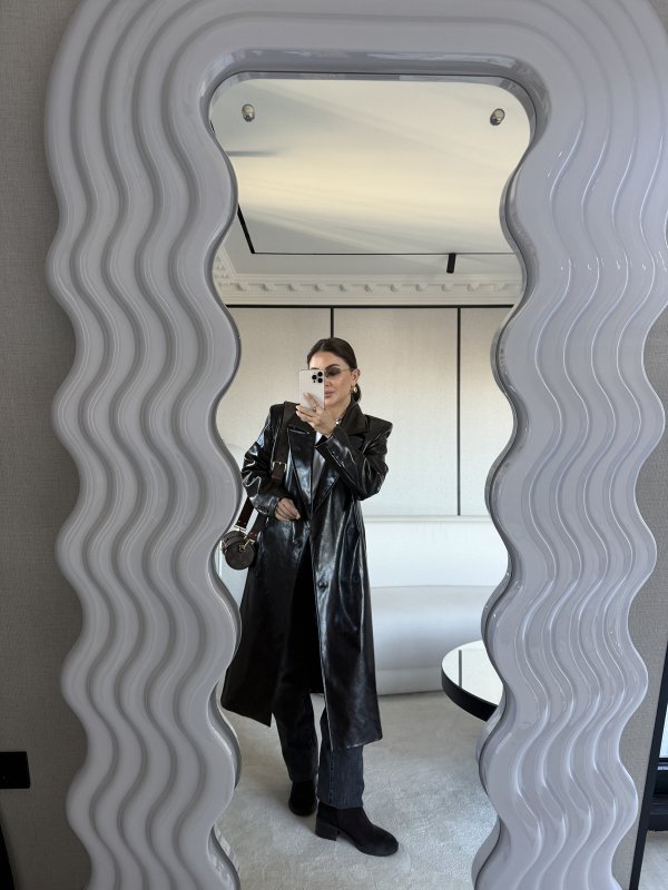 Kruvaze Yaka Kemerli Uzun Deri Trençkot