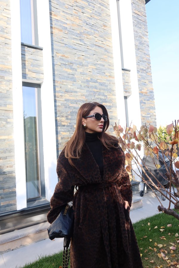 Leopar Desen Uzun Kürk