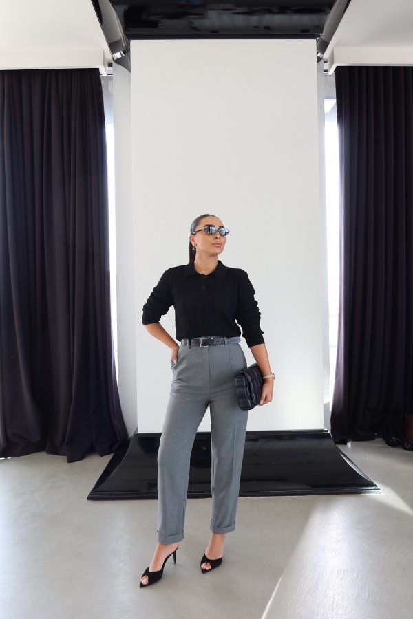 Duble Paça Kemer Detaylı Kumaş PAntolon