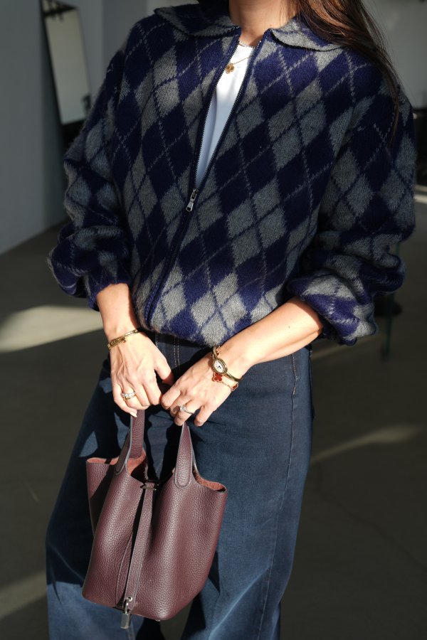 Önden Fermuarlı Polo Yaka Baklava Desenli Hırka