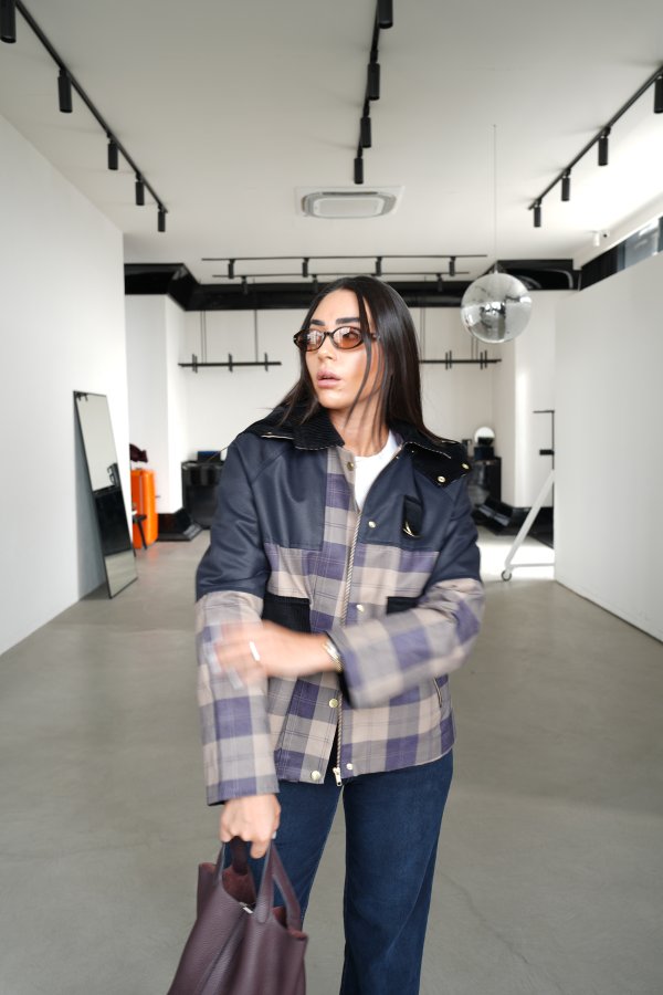 Kadife Detaylı Ekoseli Mont