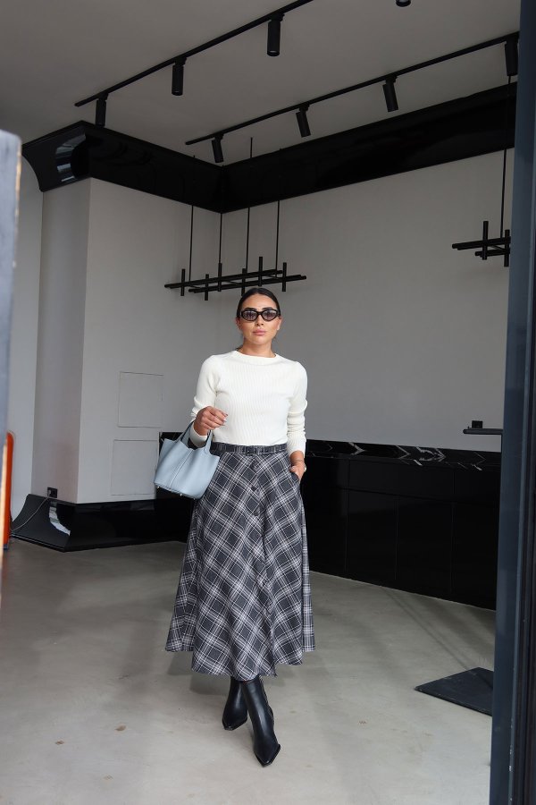 Boydan Düğmeli Ekoseli Kiloş Etek