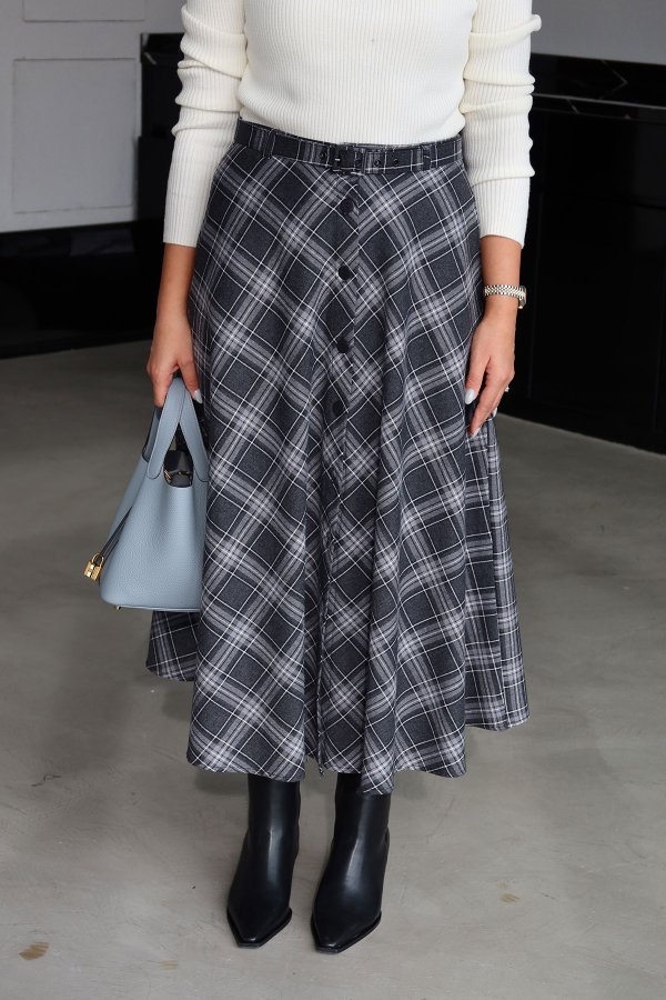 Boydan Düğmeli Ekoseli Kiloş Etek