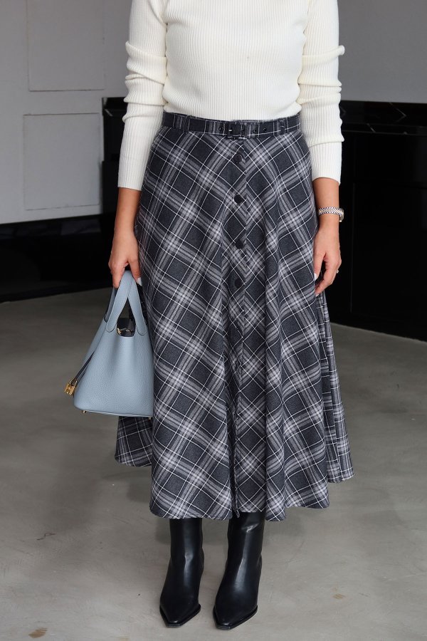 Boydan Düğmeli Ekoseli Kiloş Etek