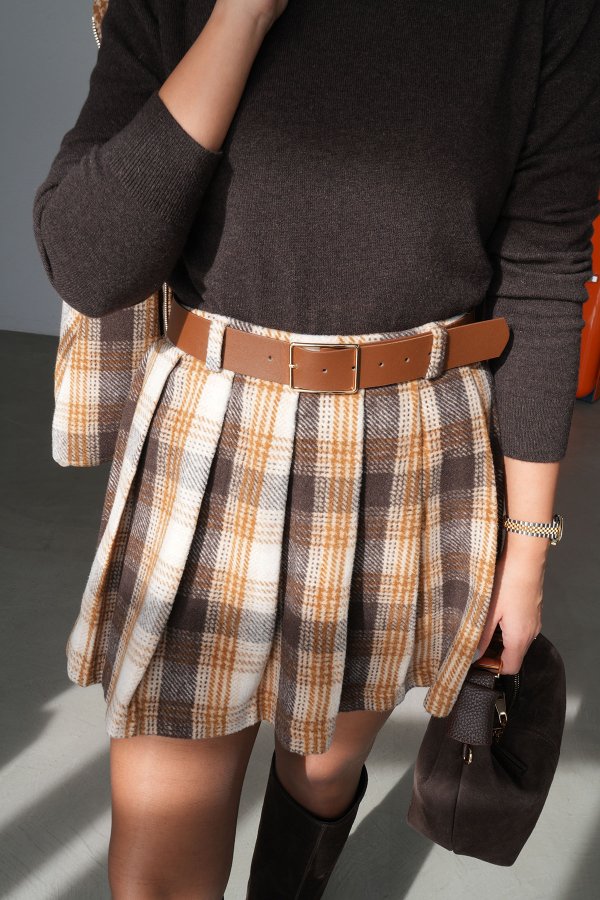 Pileli Ekoseli Kemerli Mini Etek