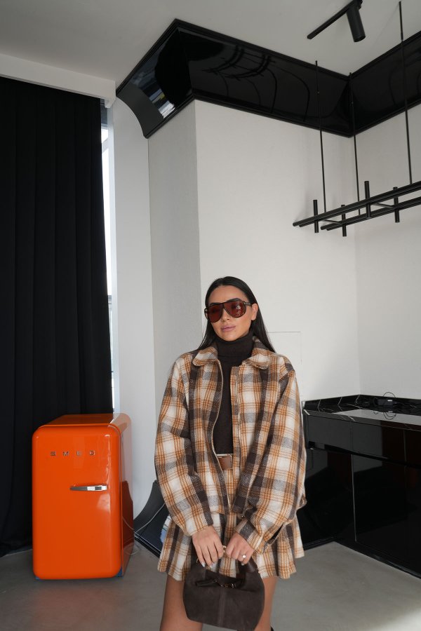 Ekoseli Fermuarlı Bomber Yün Ceket