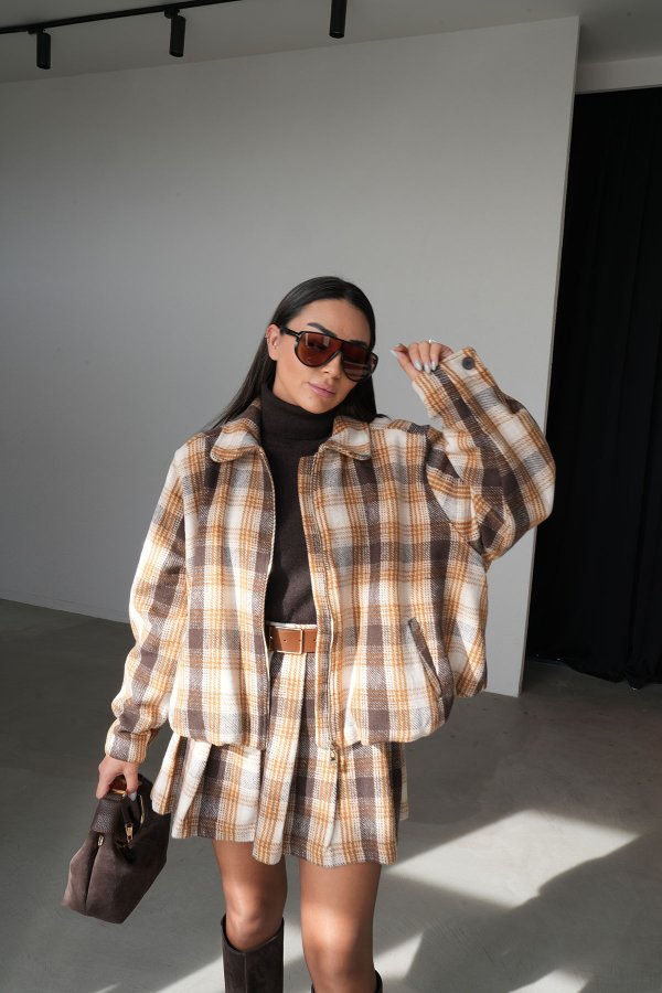 Ekoseli Fermuarlı Bomber Yün Ceket