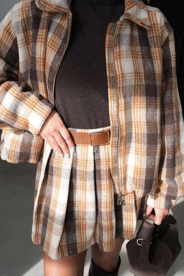 Ekoseli Fermuarlı Bomber Yün Ceket