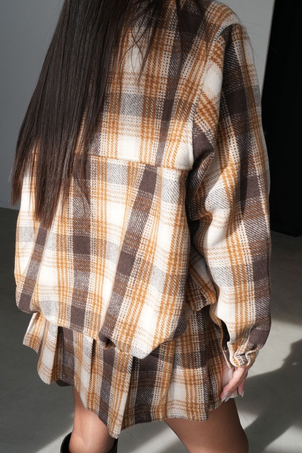 Ekoseli Fermuarlı Bomber Yün Ceket