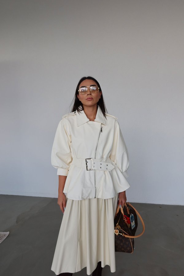 Apoletli Balon Kol Deri Ceket