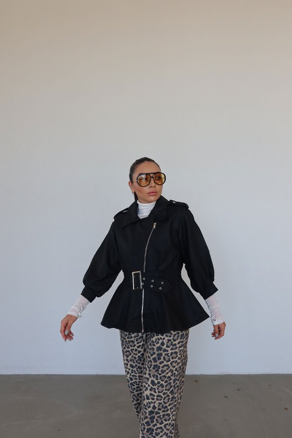 Apoletli Balon Kol Deri Ceket