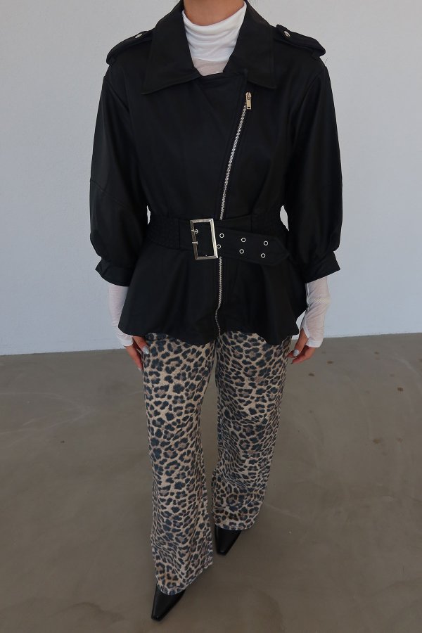 Apoletli Balon Kol Deri Ceket