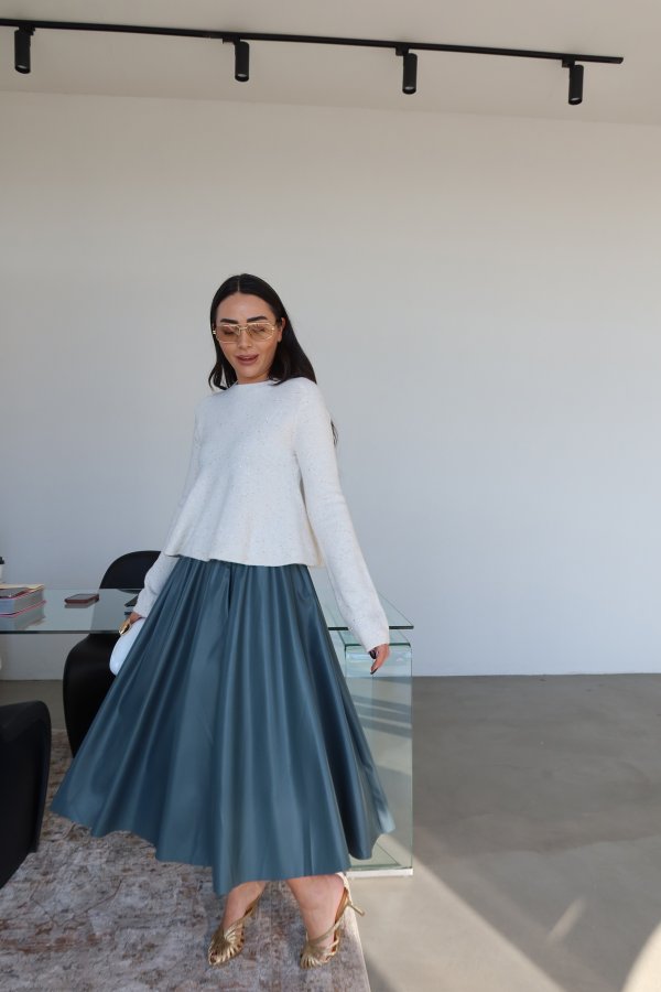 Beli Lastikli Pileli Uzun Deri Etek